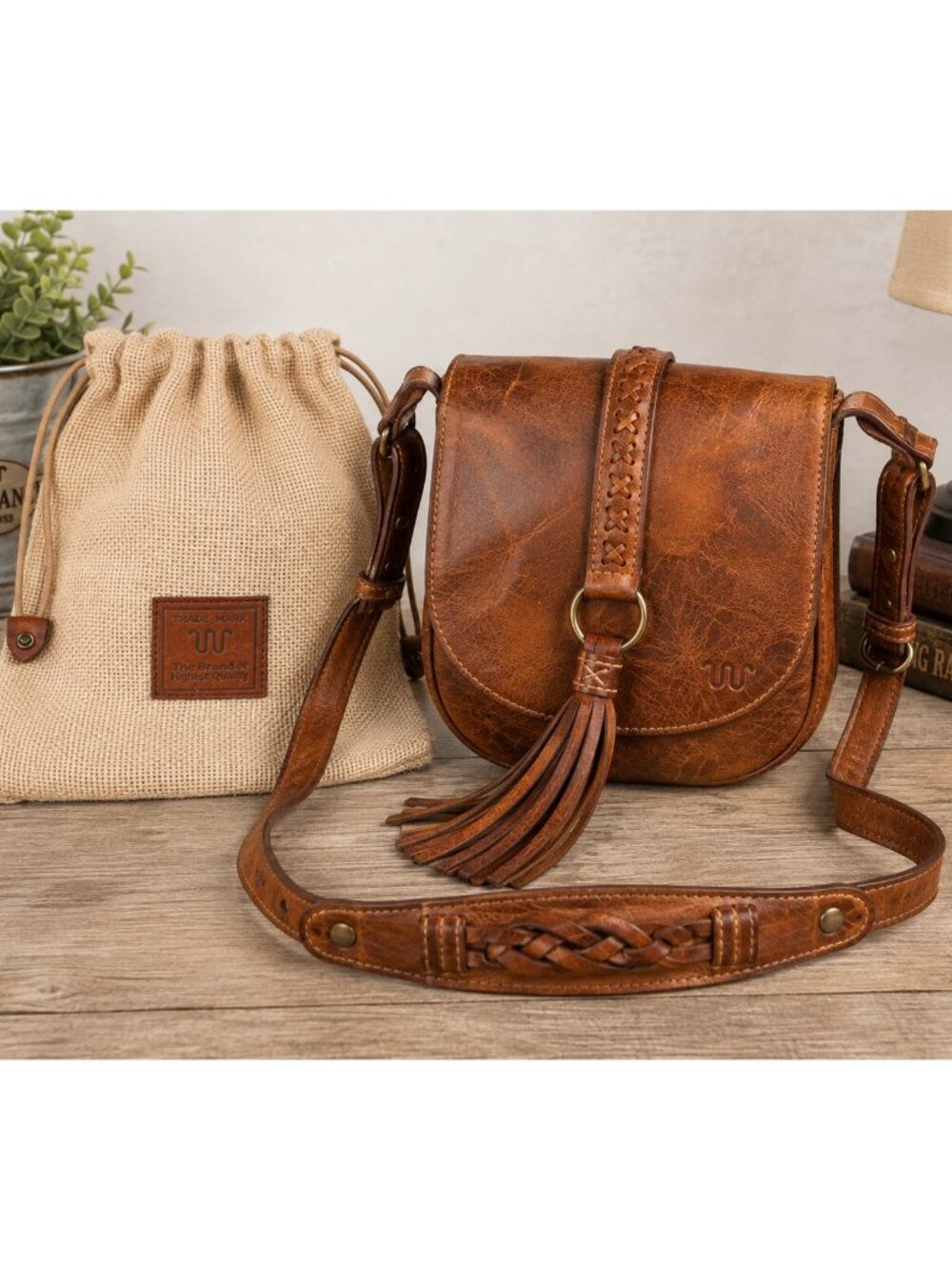 King Ranch Brown Leather Tassel Crossbody Bag w/Duster